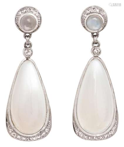 Pair of Art Deco moonstone earrings with diamonds