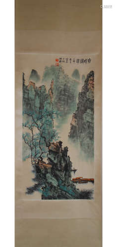 A Chinese Landscape Painting Paper Scroll, Bai Xueshi Mark