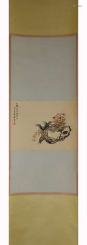 A Chinese Flower Painting Paper Scroll, Ju Lian Mark