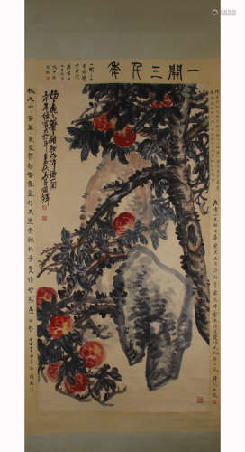 A Chinese Peaches Painting Paper Scroll, Wu Changshuo Mark