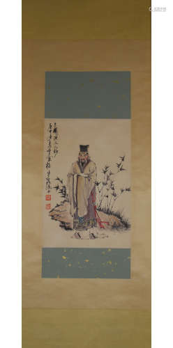 A Chinese Figure Painting Paper Scroll, Yan Meihua Mark