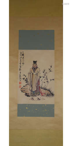 A Chinese Figure Painting Paper Scroll, Yan Meihua Mark