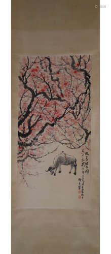 A Chinese Herding Painting Paper Scroll, Li Keran Mark