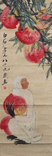 A Chinese Animal and Peach Painting, Qi Baishi Mark