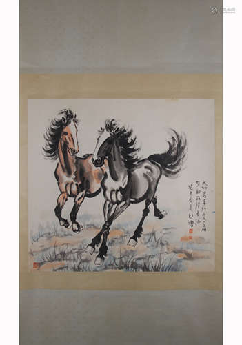 A Chinese Horse Painting Paper Scroll, Xu Beihong Mark