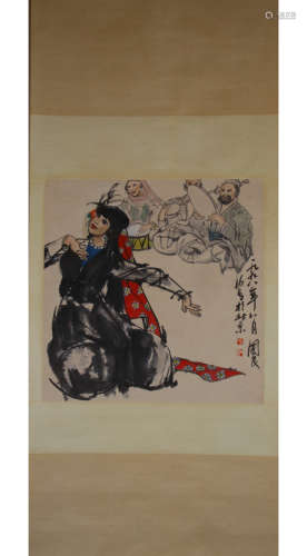 A Chinese Figure Painting Paper Scroll, Shi Guoliang Mark