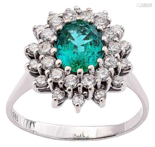 Cluster ring with moss-green emerald and diamonds