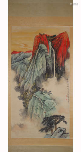 A Chinese Landscape Painting Paper Scroll, He Haixia Mark