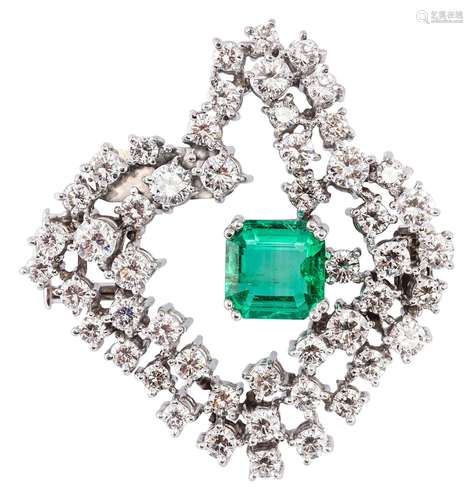 Vintage diamond brooch with moss green emerald