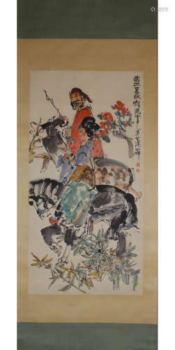 A Chinese Figure Painting Paper Scroll, Cheng Shifa Mark