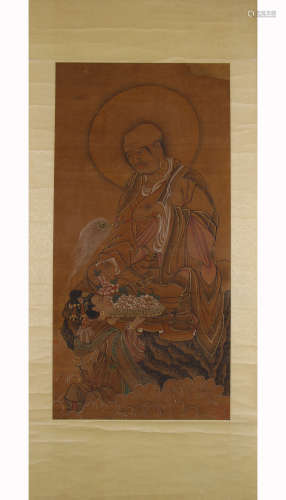 A Chinese Buddha Painting Silk Scroll, Wang Linmu Mark
