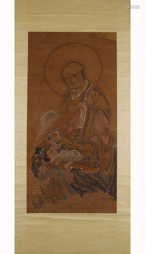 A Chinese Buddha Painting Silk Scroll, Wang Linmu Mark