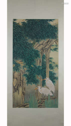 A Chinese Lotus Pond Painting Paper Scroll, Xie Zhiliu Mark