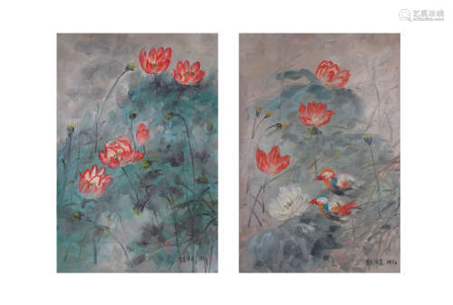 A Chinese Lotus Panting On Canvas, Liu Haisu Mark