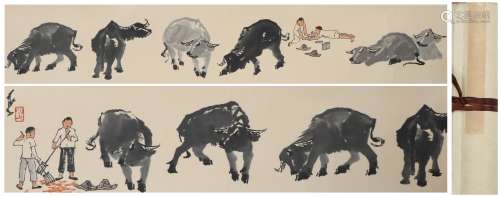 A Chinese Bull Painting Hand Scroll, Li Keran Mark