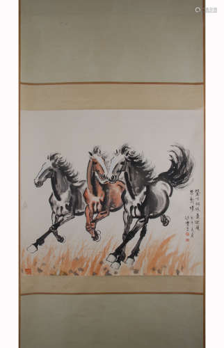 A Chinese Horse Painting Paper Scroll, Xu Beihong Mark