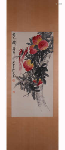 A Chinese Peaches Painting Paper Scroll, Qi Baishi Mark