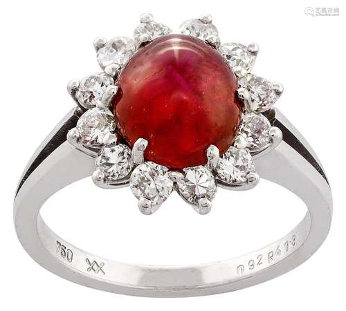 Cluster ring with pigeon-blood red ruby and diamonds