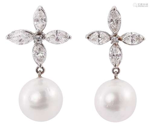 Pair of South Sea pearl earrings with diamond flowers