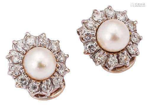 Pair of cluster ear clips with pearls and diamonds