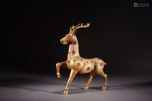 A Hardstone Inlaid and Gilt Bronze Deer Ornament