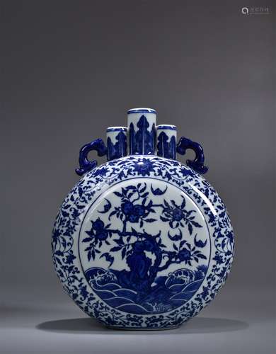 A Blue and White Lotus and Longevity Moon Flask