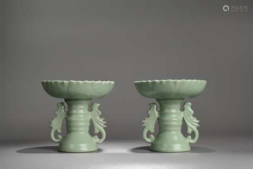 A Pair of Ru Type Celadon Glaze Phoenix-Eared Candlesticks