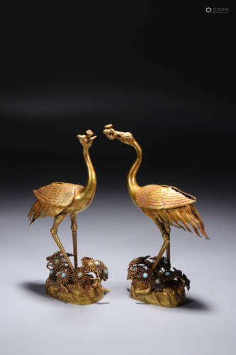 A Pair of Gilt Bronze Filigree Cranes