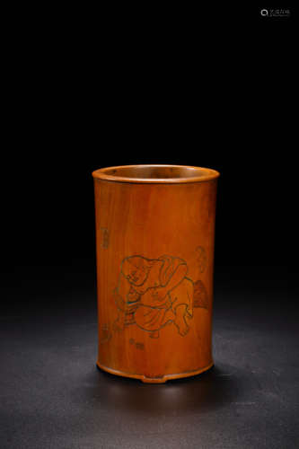 A Carved Boxwood Liuhai and His Toad Brush Pot