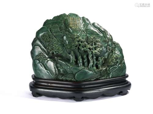 A Carved Spinach Green Jade Figure and Landscape Boulder