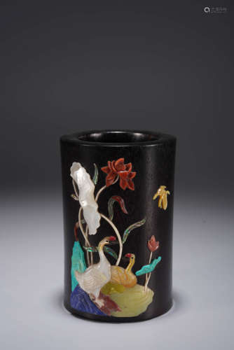 A Hardstone Inlaid Sandalwood Brush Pot