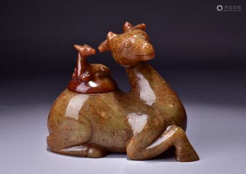 A Carved Brownish Jade Twin-Deer Water Pot