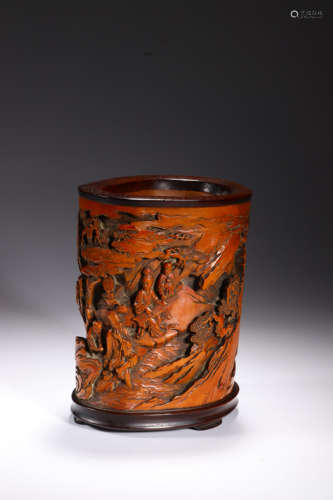 A Carved Boxwood Relief-Deocrated Brush Pot