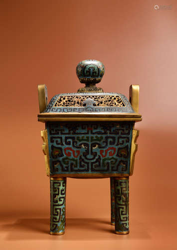 A Cloisonne Enamel Square Furnace and Cover