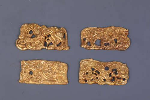 Four Silver Gilding Incised Appliques