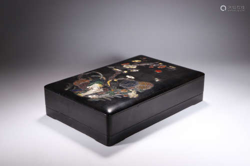 A Hardstone Inlaid Sandalwood Box and Duan Stone