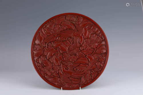 A Carved Cinnabar Lacquer Five Flower and Bird Plate