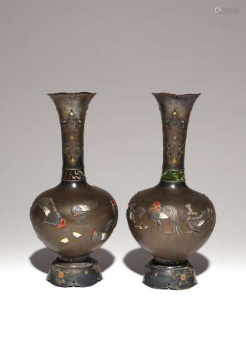 A PAIR OF JAPANESE ENAMELLED BRONZE AND SILVER VASES MEIJI P...