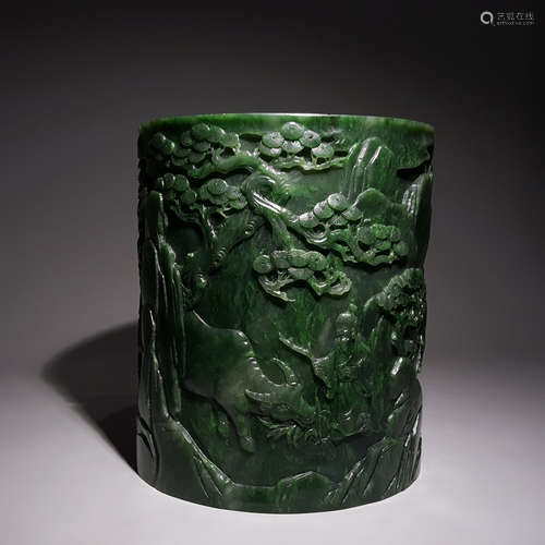 A Carved Spinach Green Jade Five Bulls Brush Pot