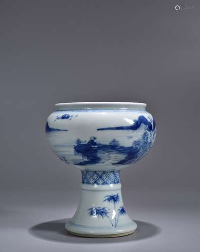 A Blue and White Landscape Stem Bowl Dou