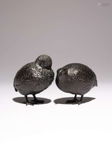 A PAIR OF JAPANESE BRONZE QUAILS BY ATSUYOSHI FOR THE MARUKI...