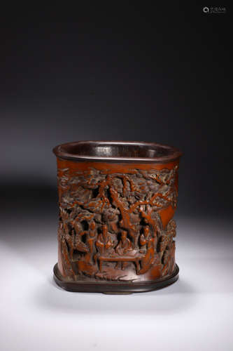 A Carved Boxwood Figure Brush Pot