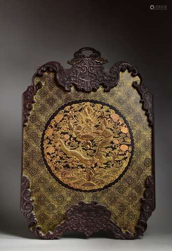 A Carved Lacquerware Dragon Hanging Panel with Sandalwood Fr...