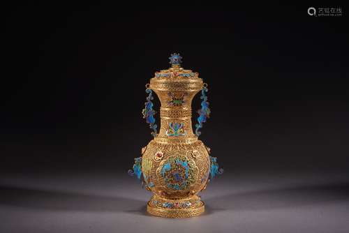 A Enamel Silver ‘Shou’ Vase and Cover