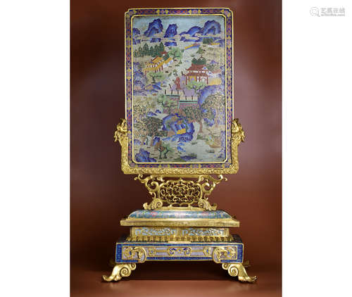 A Cloisonne Enamel Landscape Table Screen