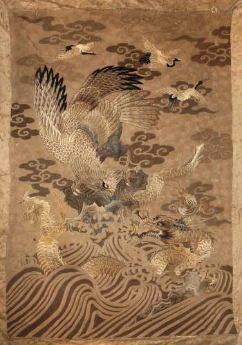 A LARGE JAPANESE EMBROIDERED WALL HANGING MEIJI PERIOD, 19TH...