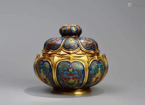 A Cloisonne Enamel Lotus Petal-Form Censer and Cover