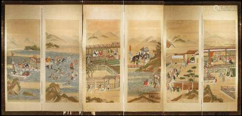 A JAPANESE SIX-FOLD PAPER SCREEN, BYOBU MEIJI PERIOD, 19TH C...