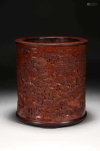 A Carved Bamboo Landscape Brush Pot