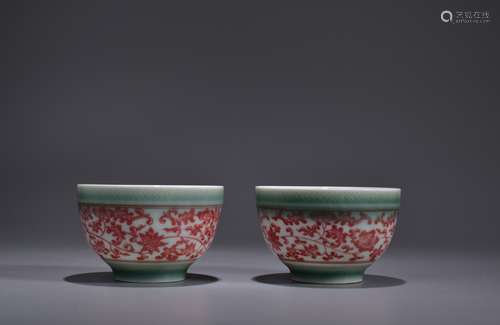 A Pair of Coral-Red Glaze Lotus Cups